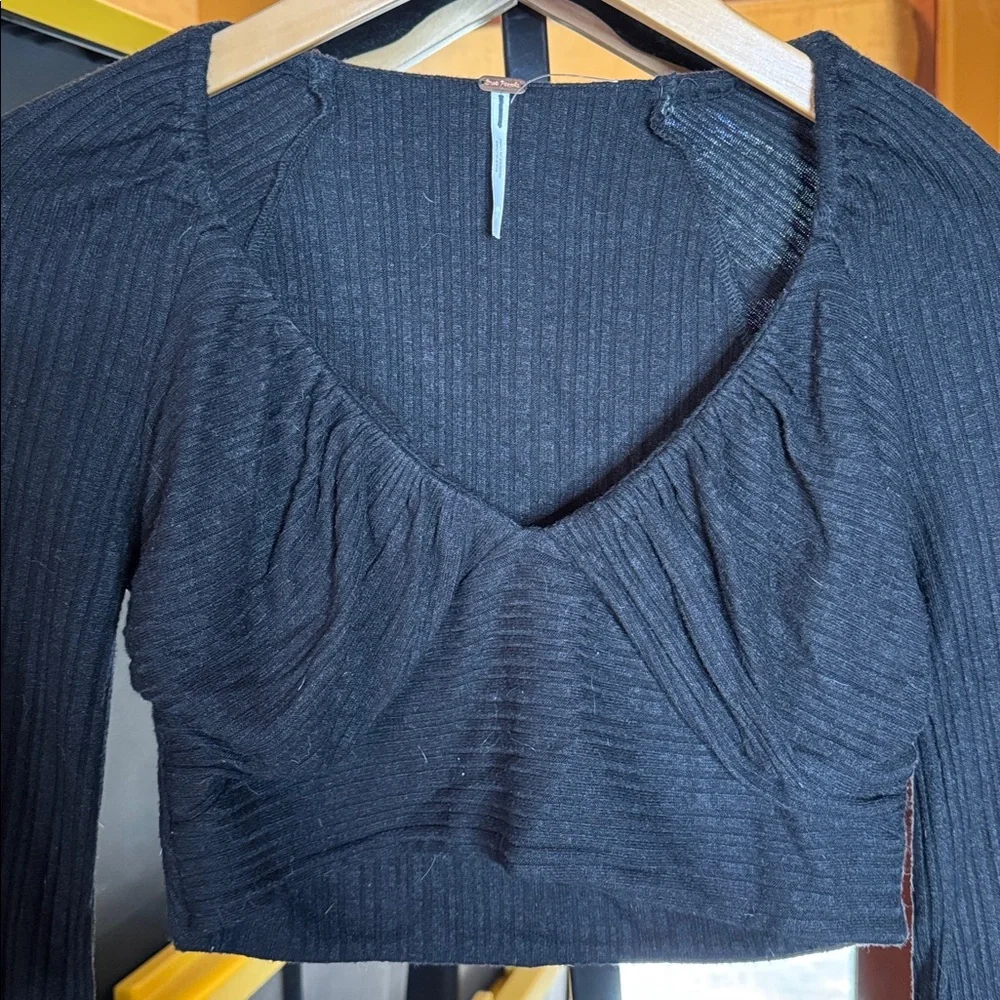 Free People Black Ribbed Bell Sleeve Crop Top Boho Size Small